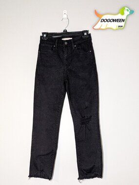 Levi's Premium 724 High Rise Straight Crop Black 25 Distressed Raw Hem